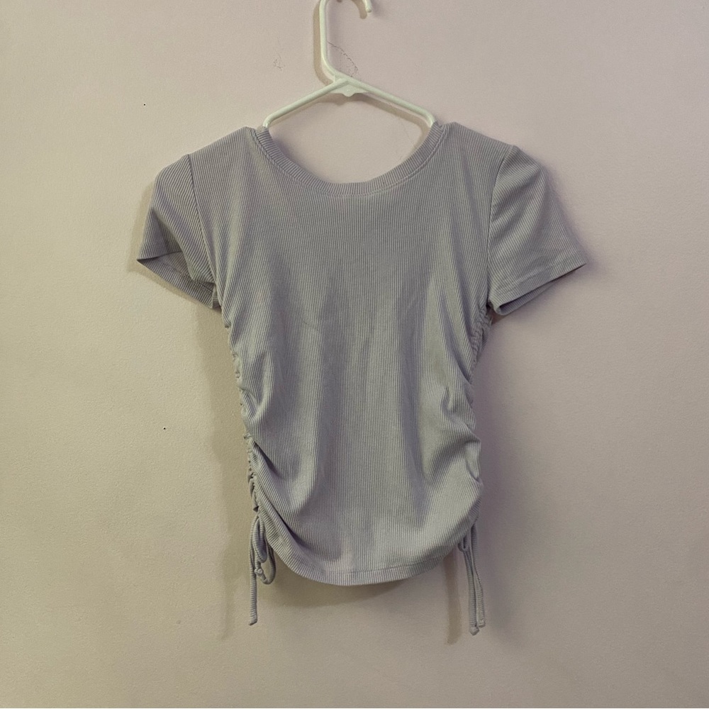 purple tee with ruched + tied sides, ribbed fabric